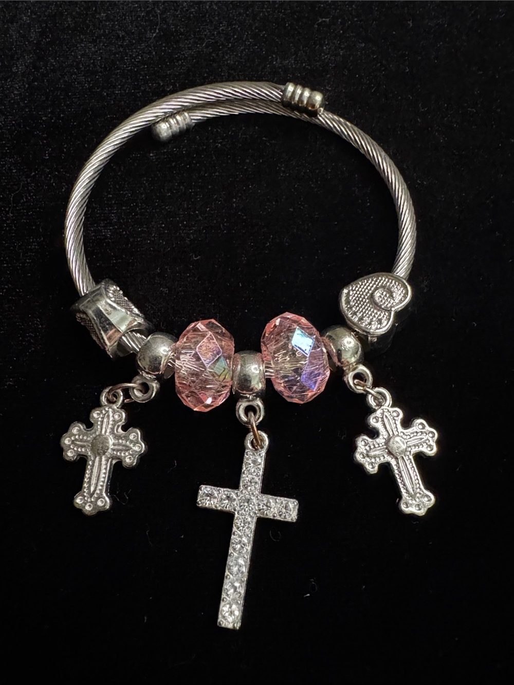 Silver-Tone Cross Charm Bracelet with Pink Faceted Beads